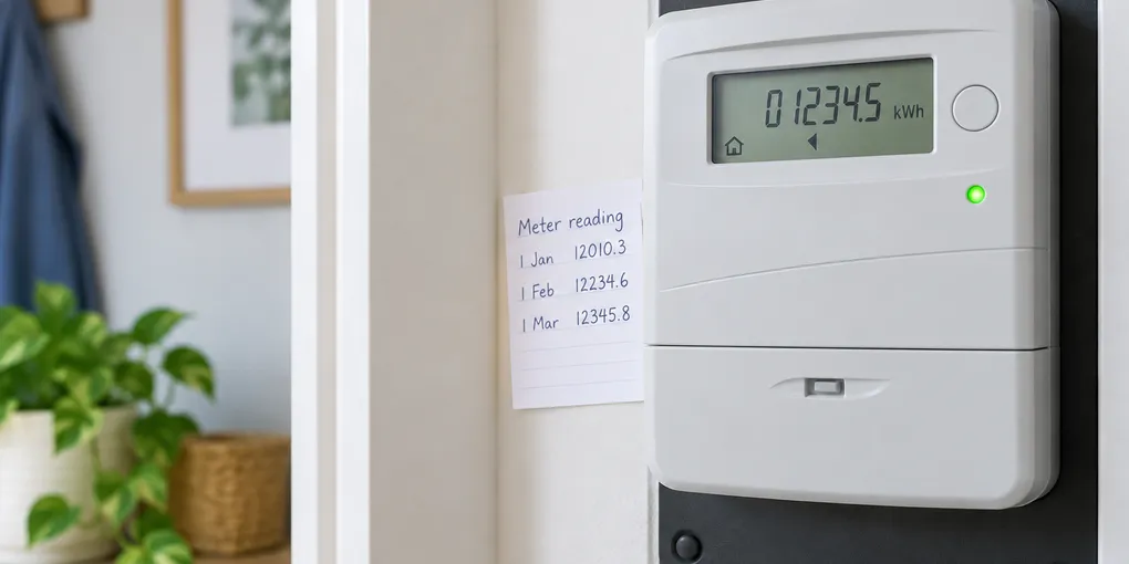 A closed household electricity meter showing a kWh display beside a handwritten usage note