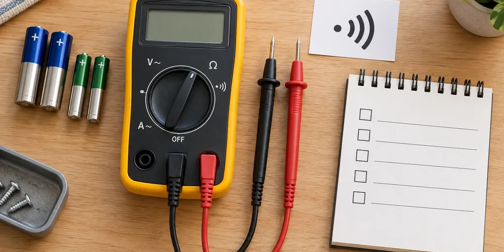 Conceptual home workbench with a digital multimeter, insulated probes, batteries and a blank checklist