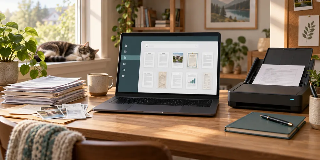 A home scanner and Linux laptop beside a stack of household documents