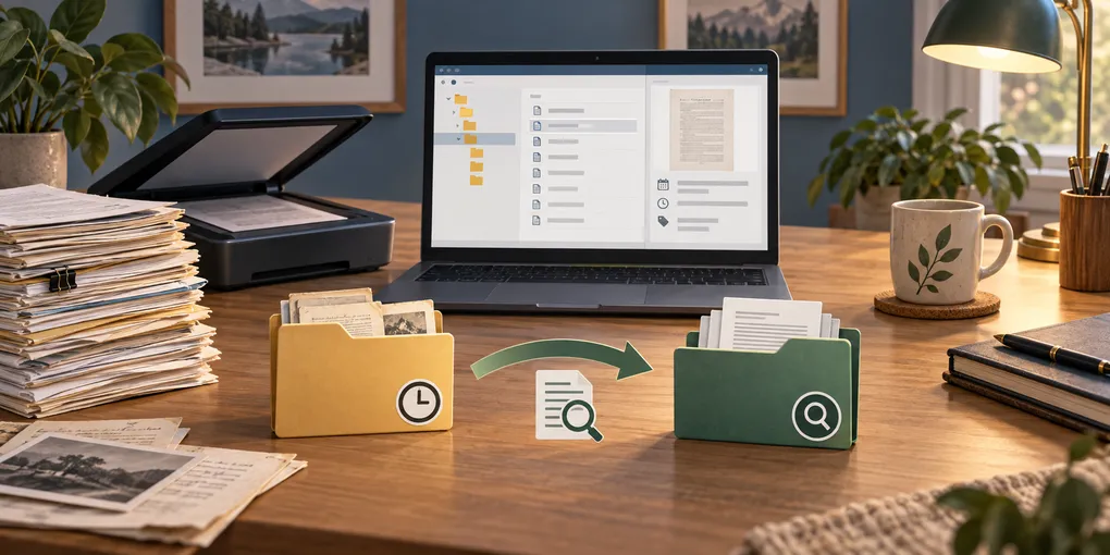 Conceptual illustration of a Linux document archive preserving original files while creating searchable OCR copies