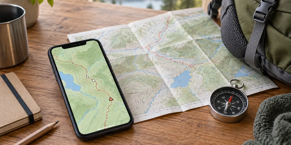 A smartphone with a topographic hiking map beside a folded paper map and compass