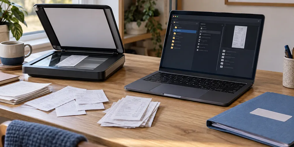 A flatbed scanner, paper receipts and a Linux laptop arranged for a local archive